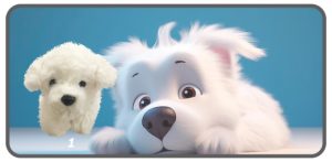 สุนัขสีขาวสวมปลอกคอหนังสีน้ำตาลท่าหมอบ