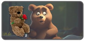 หมีสีน้ำตาลท่านั่งถือดอกกุหลาบ